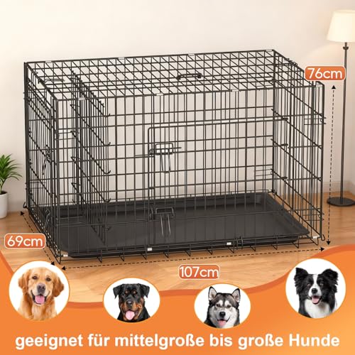 BestOffice Hundekäfig, klappbar, mit 2 Türen, ausziehbar Kunststofftablett und Griff, Hundetransportbox für Reisen, 107x69x76cm, XL, Transportbox- Haustiere, Innen und Außenbereich, Schwarz