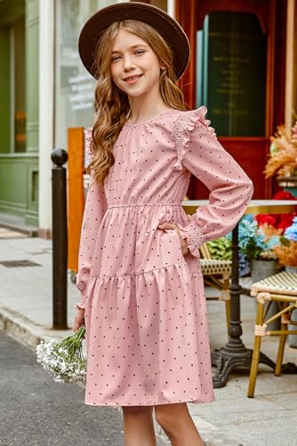 Girls Vintage Puff Long Sleeve Ruffle Dresses with Two Side Pockets for 6-13 Years, Fall/Spring/Summer3