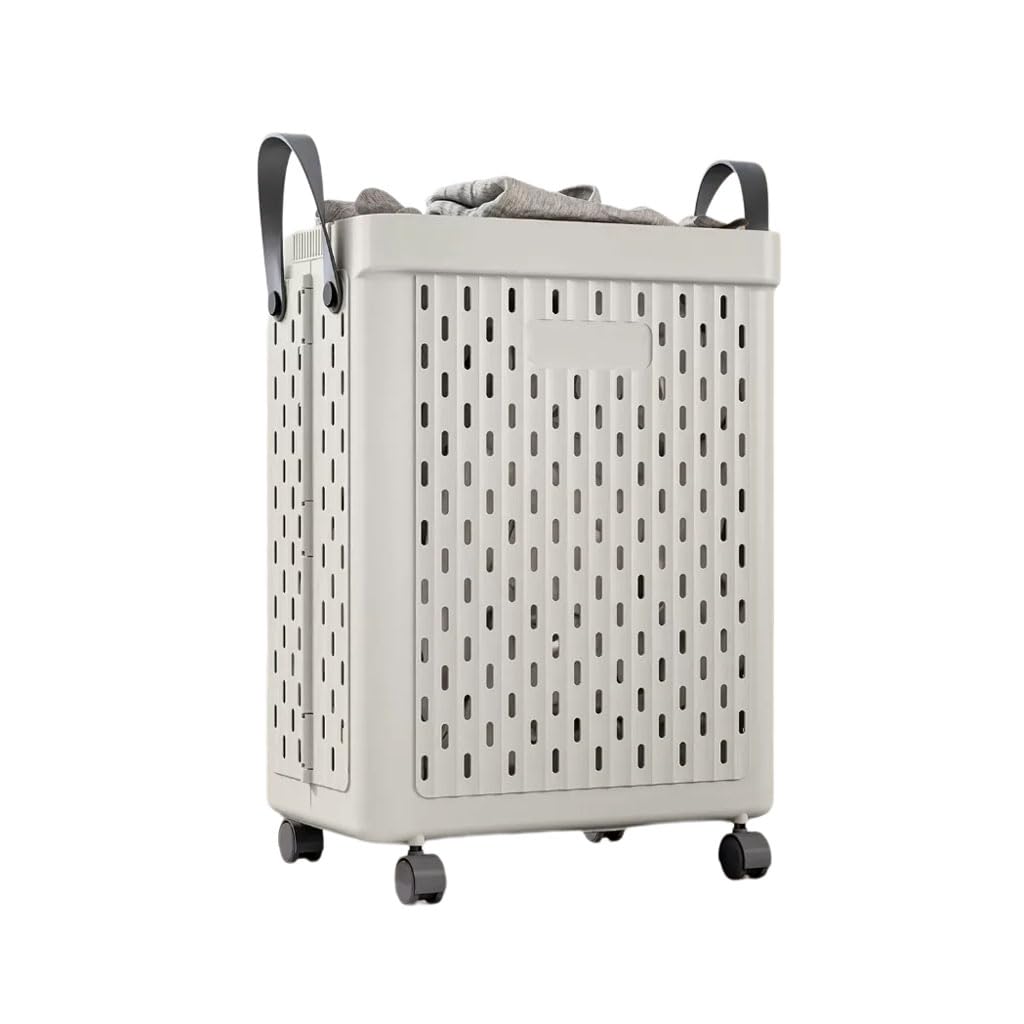 HRGKLMN Foldable laundry basket with practical carrying handles, breathable washing basket with wheels, sturdy laundry hamper organizer for bathroom, bedroom, household,Grey,M