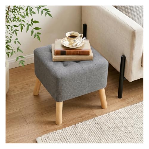 Image of INMOZATA Square Footstool Linen Foot Rest Stool with Tufted Button, Solid Oak Legs & Non-Slip Pads, Removable Legs Change Shoe Footrest for Living Room, Bedroom, Hallway(Grey,41x41x41cm)