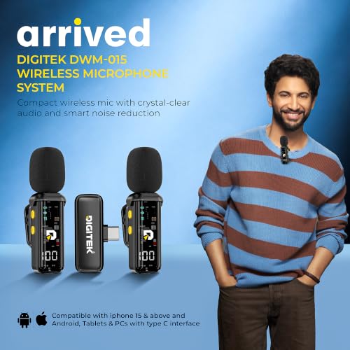 Image of Digitek DWM-015 2-in-1 Wireless Microphone for iPhone 15 Series & USB-C Android Devices, Dual Transmitters, 2.4GHz Plug & Play Lavalier Mic, Noise Reduction, Echo Mode, 20m Range, 4H Battery Life
