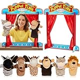 Seenelling 7 Pcs Wooden Puppet Show Theater Animal Hand Set Puppet Show Stage Puppets Soft Animal Puppets