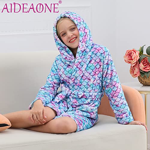 Aideaone Girls' Robe Soft Flannel Hooded Bathrobes Long Sleeve Sleepwear Cute Mermaid Pajamas 10-12T #TOP4
