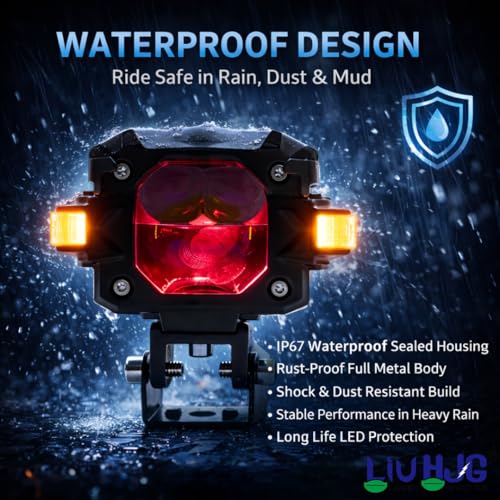 Image of LIU HJG 3 Lens Fog Light with Indicator Waterproof 60W Each (120W Total) 12V-80V DC Power Yellow, White, Warm White, Red Devil Eye & Amber Indicator Light Universal fit All Bike & Car Model (Pack 2)