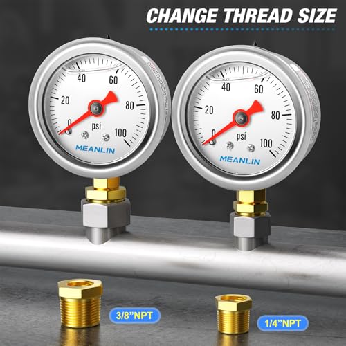 meanlin measure 0100psi stainless steel 1534 face dial glycerin filled pressure gauge liquid filled water oil air lower mount with 1834 x 1434 npt and 1834 x 3834 npt hex bushing