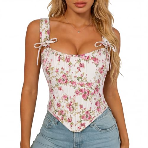 Scarlet Darkness Corset Tops for Women Renaissance Corset Boned Lace Up Bustier Tops White Pink Floral 8