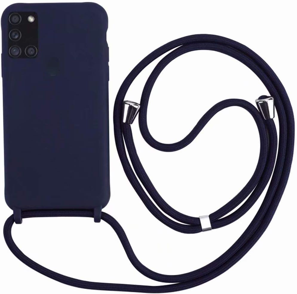 Funda Compatible con Samsung Galaxy A21S,Ajustable Collar Correa de Cuello Cordón Cuerda Carcasa TPU Bumper Silicona Skin Caso para Samsung Galaxy A21S-Azul