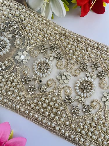 Encaje de lujo con perlas y diamantes oro pálido de 5.25 pulgadas para alta costura 3