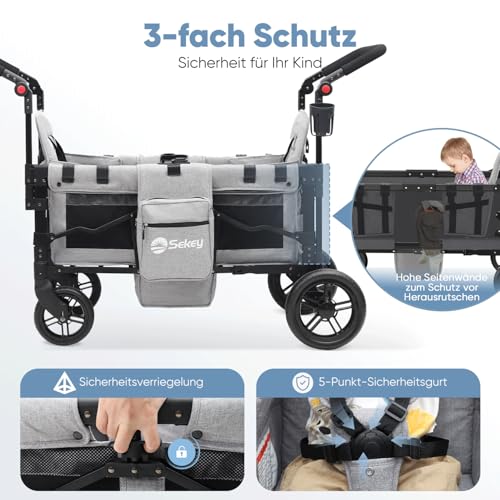 Sekey Bollerwagen Kinder Zwillingsmodus, Bollerwagen Faltbar mit Dach 2 Kinder, Duo Schiebegriff Kinderwagen Doppelsitz mit 2 integrierten 5-Punkt-Gurtsystem, Zwillingskinderwagen (Grau, Premium)