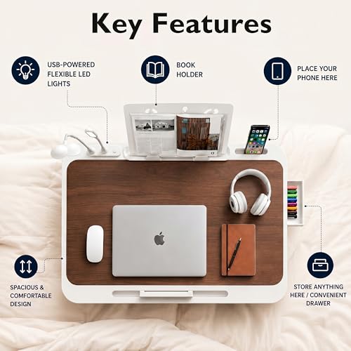 Image of StarAndDaisy Kids Study Table Foldable /Multipurpose Baby /Kids Bed Table for Laptop and Study /Laptop Table with Adjustable Height & Angle with USB Port, LED and Mini Cooling Fan -Brown