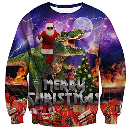 Spreadhoodie Unisex 3D Dinosaurio y Santa Claus Impreso Feo Navidad Jersey Sudaderas Navidad Ugly Sweater Pulóver Jumpers Camiseta XL