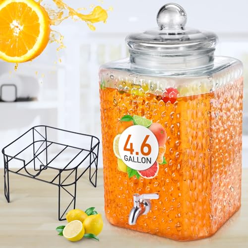 Honeydak 4.6 Gallon Glass Beverage Dispenser with Stand Stainless Steel Spigot Glass Lid Leakproof Drink Dispenser Ice Drink Clear Lemonade Juice Jar for Party Wedding Kitchen