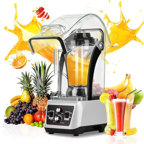 MoraRise 4.5L Commercial Blender with Soundproof Shield, 2200W Quiet Professional Smoothie Maker, 38000RPM High Speed Bar Blender with Self-Cleaning for Smoothies, Milkshakes, Nuts (Sliver, 2200W)