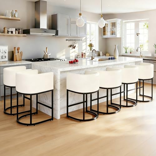 Image of 26 inch Counter Height Bar Stools Set of 6, Faux Leather Upholstered Barrel Chairs with Back and Arms, Metal Frame Kitchen Island Stools with Footrest, Cream White
