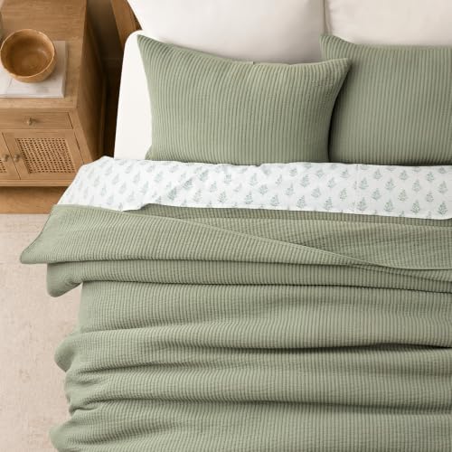 Image of EVERGRACEHOME Cotton Ribbed Matelasse Coverlet Set, King, Dried Sage | Soft Lightweight Bedspread, 3 Pieces, Breathable Cozy Oversized Quilted Bedding Set for All Seasons, with 2 Pillow Shams