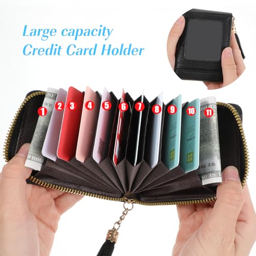 RFID Blocking Wallet for Women, 9 Organ Credit Card Holder 1 ID Window and 2 Coin Banknote Slots Small Wallets Compact Leather Tassel Zipper Purse2