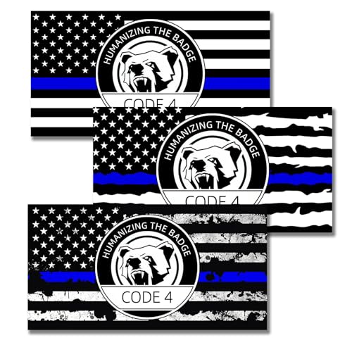 Thin Blue Line Sticker Code 4 Reflective American Flag Police Support Decal Waterproof UV Resistant Vinyl for Cars Trucks Windows Laptops (3PCS 6x3.16 Inches)