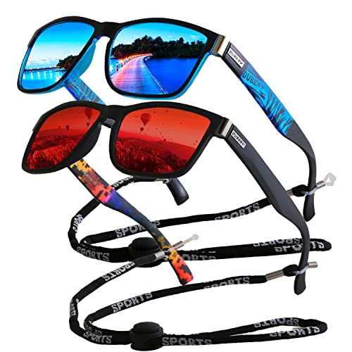yoofun Polarized Sunglasses for Men Cycling Driving Fishing 100% UV Protection (Blue&Red), 56mm