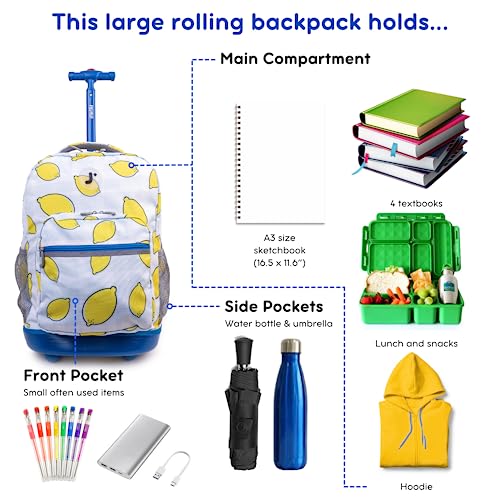 Image of J World Sunrise Kids Rolling Backpack with Wheels for Girls Boys, Roller Bookbag for School, 18 x 13 x 9 Inches, Lemona