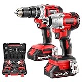 TEENO Werkzeugkoffer mit Bohrmaschine, Schlagschrauber und Schlagschrauber, 20 V, Werkzeug-Set mit Bohrmaschine für Reparatur, Wartung und Arbeit, mit 2 x 3,0 mAh Akkus & 4 Stecknüssen & Ladegerät