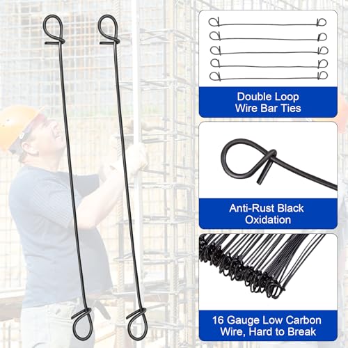 Image of 500pcs Rebar Wire Bar Ties, 6 inch Double Loop, 16 Gauge - Reinforcing Steel Bar Ties with Wooden Grip Handle for Concrete Construction,1 Gloves (500pcs with Wire Tie Twisters)
