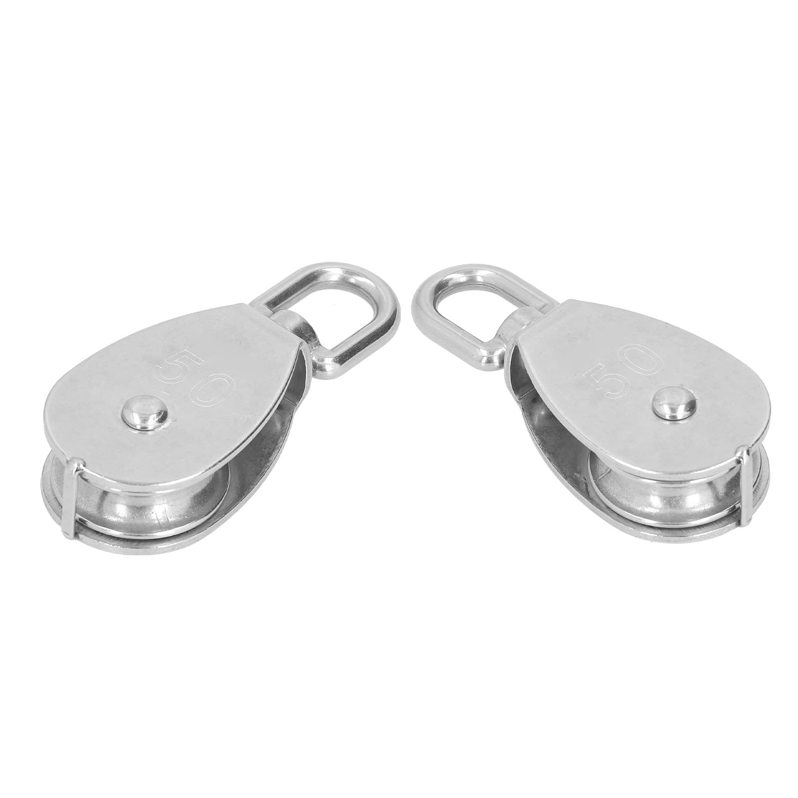 Set di 2 pulegge in acciaio inossidabile, gancio di sollevamento per funi metalliche resistenti con anello rotante a 360°, ruota di traino durevole M50 per sartiame e sollevamento carichi pesanti