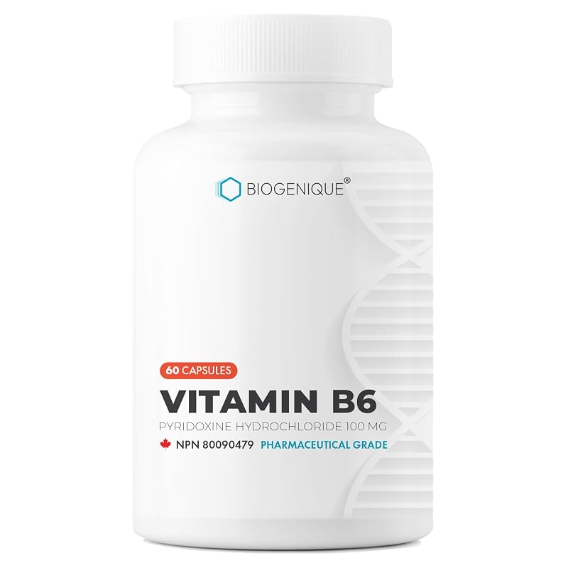 Biogenique and hexagon design Suplemento de Vitamina B6 (piridoxina) 100 mg, 60 cápsulas