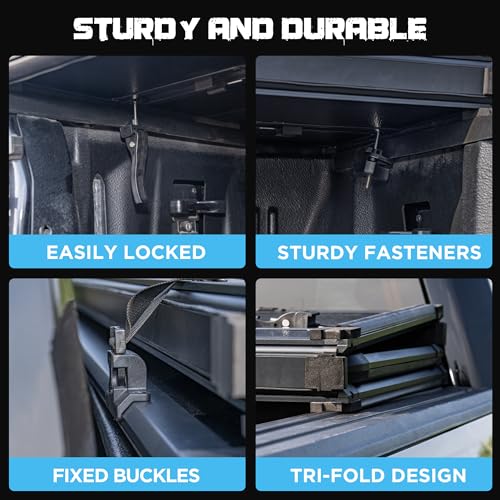 Image of Hard Folding Truck Bed Tonneau Cover Compatible with Ford Ranger 2019 2020 2021 2022 2023 2024 2025 2026 5 ft Short Box, Tri Fold Style
