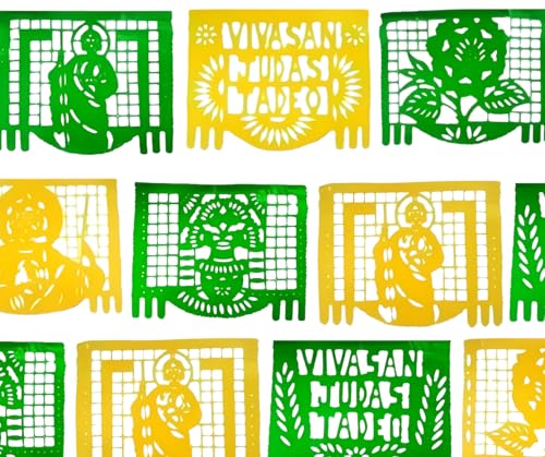 Decoracion Papel Picado San Judas Tedeo (Plástico) - Decoración San Juditas - Tiras VERDE CON AMARILLO (10 Tiras 5 MTS)
