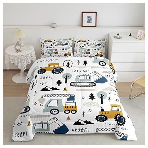 Conjunto de edredom infantil de carro de desenho animado conjunto de cama de construção equipamento de decoração caminhões edredom desenho animado carro escavadeira trator branco amarelo conjunto de edredom conjunto de colcha para quarto 2 peças solteiro