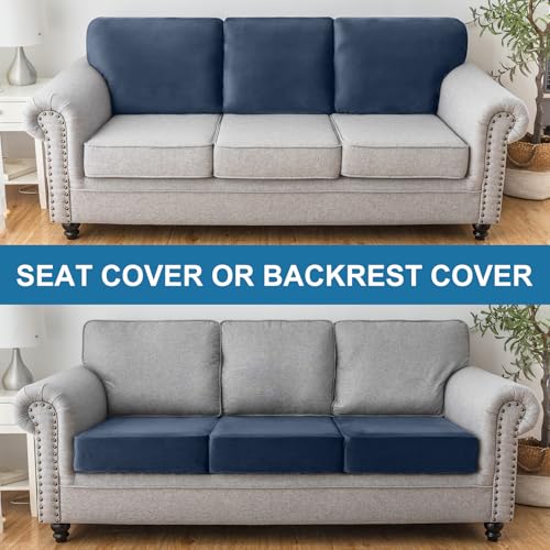 Image of Couch Cover Stretch Velvet Sofa Cushion Cover 3-Piece - Elastic Washable Slipcover for Seat /Backrest, Couch Seat Covers for Sofas (Berlin Blue)
