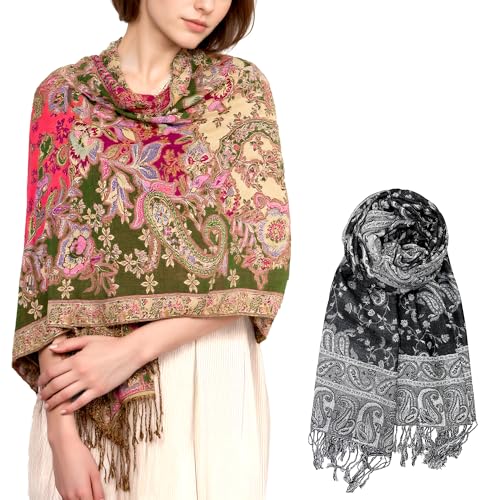 Achillea 2 Pack Black White Reversible Pashmina and Olive Rose Floral Shawl Bundle
