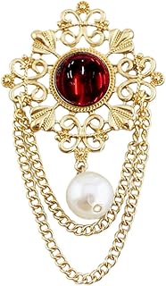 Vintage Round Pearl Filigree Flower Chain Tassel Brooches Lapel Pins for Women Girls Party Dance Banquet Dainty Boho Gold Dangle Drop Pin Dress Suit Clothes Accessories Jewelry