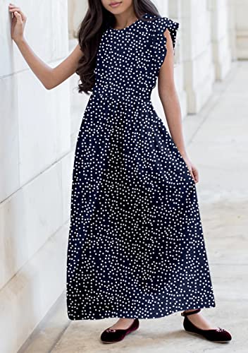 HOSIKA Girls Floral Maxi Dress Boho Ruffle Sleeve Pleated Casual A-line Swing Dresses with Pockets 6-12 Years4