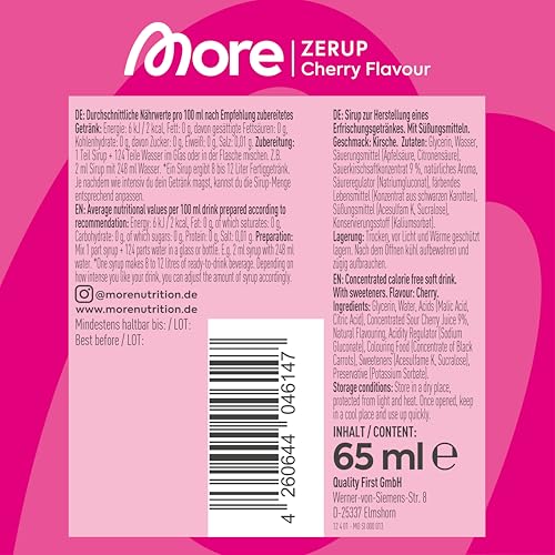 MORE Zerup, Cherry, 65 ml, für bis zu 8 l Fertiggetränk, zuckerfreier Sirup mit u.a. echten Fruchtextrakten, vegan, zero Kalorien - made in Germany