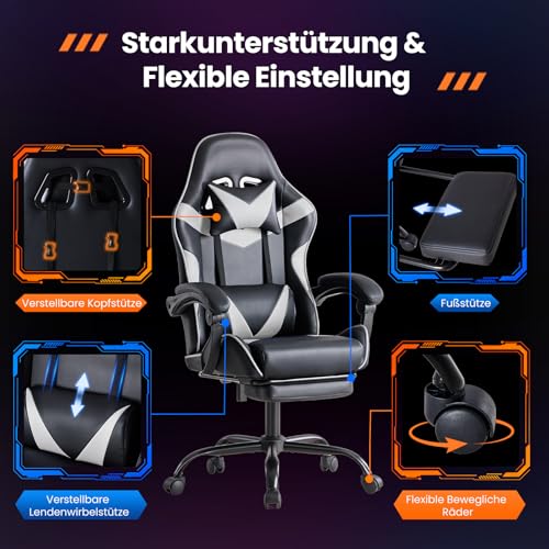 Sweetcrispy Gaming Stuhl, Gaming Chair mit Fußstütze Kopfstütze Lendenwirbelstütze, Ergonomischer PC Stuhl, Höhenverstellbarer Bürostuhl Computerstuhl, Gamer Stuhl, Drehbarer Schreibtischstuhl, Weiß