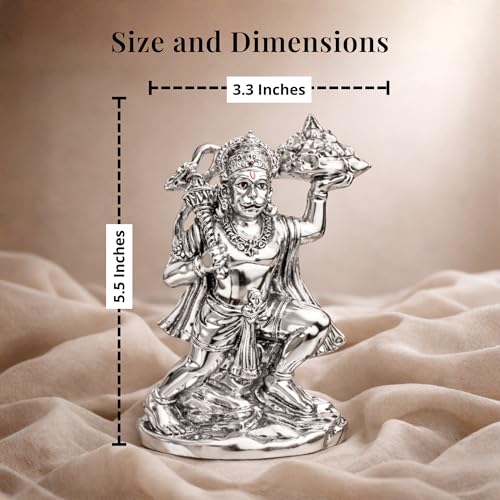 Image of Silver Plated Standing Hanuman Idol - 5.5 Inch Divine Bajrangbali Statue Holding Dronagiri Mountain for Home Mandir and Office - Auspicious Vastu Decor and Spiritual Gift