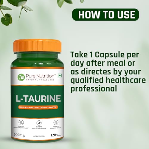 Image of Pure Nutrition L-Taurine 500mg - 120 Veg Capsules | Amino Acid Supplement for Athletic Performance, Muscle Recovery, Cognitive & Heart Health