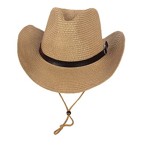 Strohhut Herren Cowboyhut Stroh Westernhut Faltbarer Panamahut mit Kinnriemen Breite Krempe Sonnenhut Anti-UV Sonnenschutz Strandhut Atmungsaktiver Sommerhut Strohkappe für Outdoor Strand Urlaub