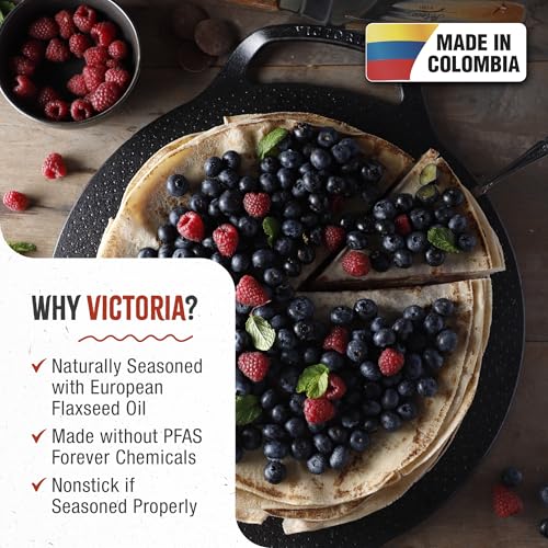 Image of Victoria 15-Inch Cast Iron Comal Pizza Pan with 2 Side Handles, Preseasoned with Flaxseed Oil, Made in Colombia