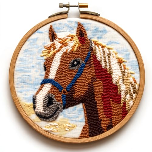 Image of SHANXOO Punch Needle Kits A Brown Horse Easy for Beginners DIY Punch Needle Yarn Starter Embroidery Set for Craft Lovers with Printed Pattern and Hoop for Home Decor 20x20cm(3)