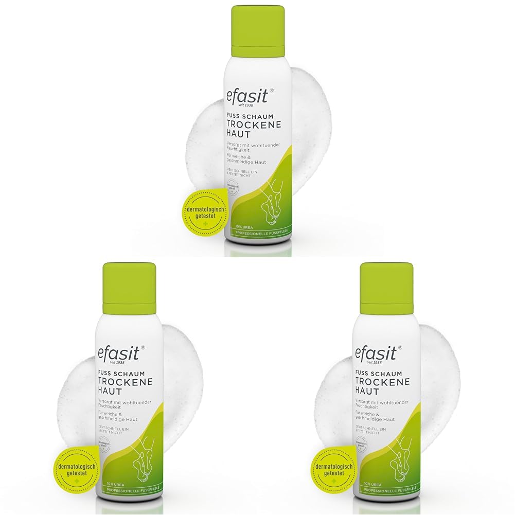 efasit Fußschaum Trockene Haut - intensive Feuchtigkeit dank Fußcreme mit 10% Urea und Allantoin für trockene Füße, Diabetiker geeignet, zieht schnell ein, 125 ml (Packung mit 3)