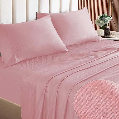 Hengwei King Size Sheet Set, 4Pc Dobby Stripe Sheet Set, 16”Deep Pocket Sheets, 100% Microfiber Sheet Set, Soft Cooling Breathable Bed Sheet For Summer (King,Clear Pink) #TOP28
