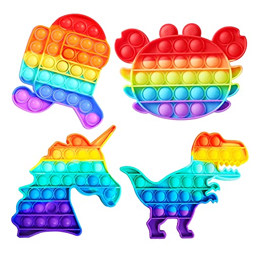 Veggicy Push Pop Bubble Fidget Sensory Toy 4 Pack Rainbow Square Pop Figetget Toys for Kids and Adult Stress Relief Gifts for Boys and Girlsï¼Unicornï¼Crabï¼Among Us,Dinosaurï¼