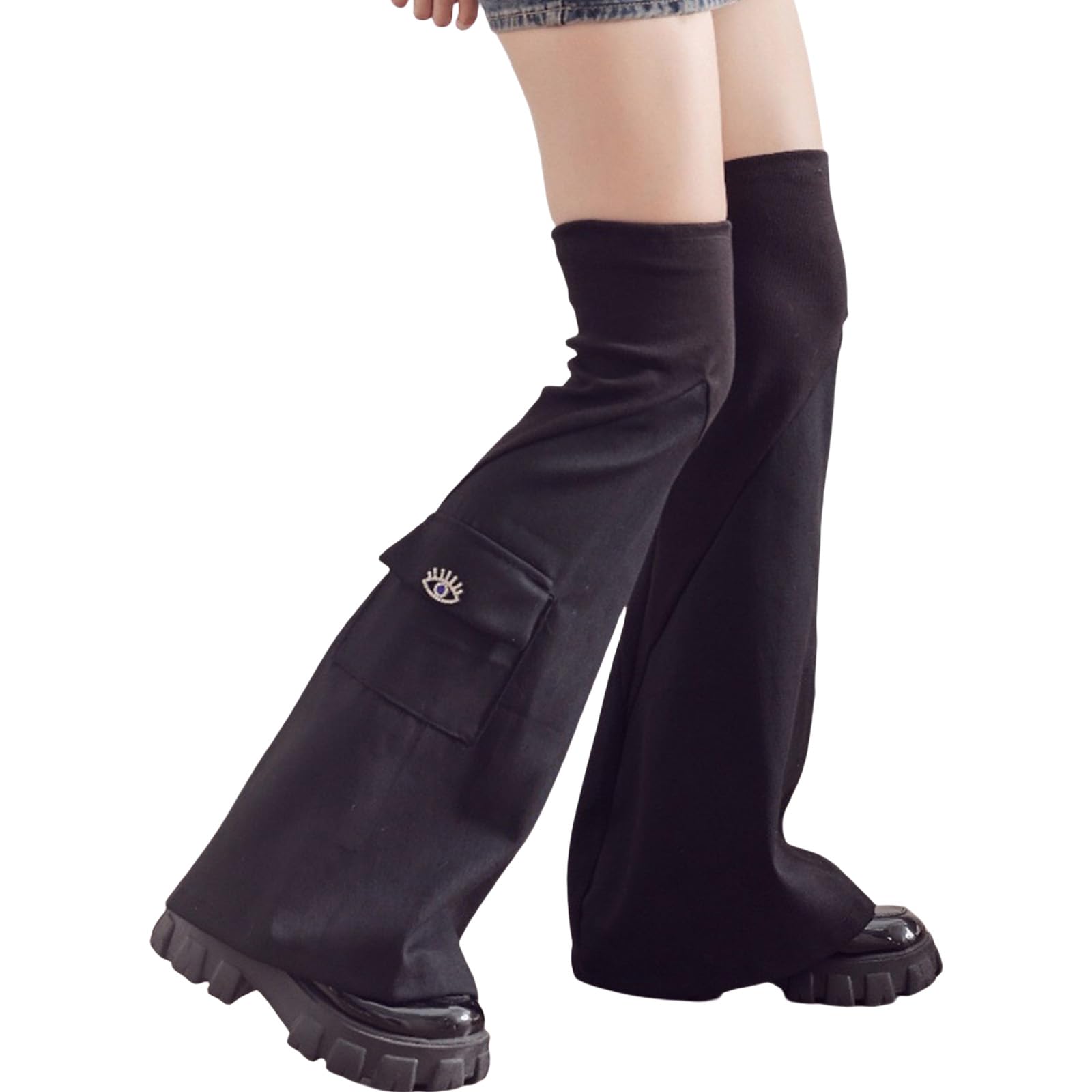 Moondame Unisex Black Womens Punk Flared Baggy Jean Leg With Rhinestones Pocket Ribbed Cuffs Leg Warmers Thigh High Long Socks