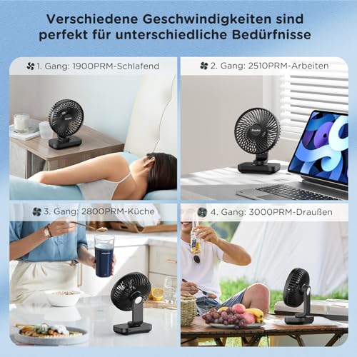 EasyAcc Tischventilator, 4000 Akku Batterie Klein USB Ventilator, Tragbarer Aufladbar Basis Ventilatoren mit 4 Geschwindigkeiten für Camp,Büro, Bibliothek und Zuhause - Schwarz