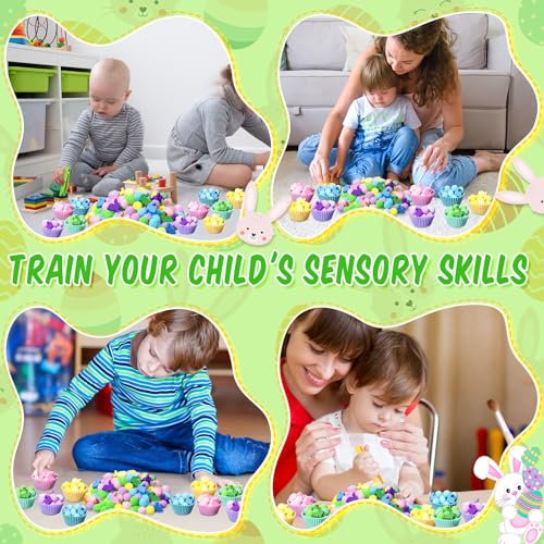 Image of Funnymoom Easter Sensory Bin Filler Fine Motor Toys Include Tweezers 2 Scissors Clips 150 Pom Pom 30 Easter Wooden Bunny and Eggs 10 Sorting Cups for Easter Sorting Counting Training
