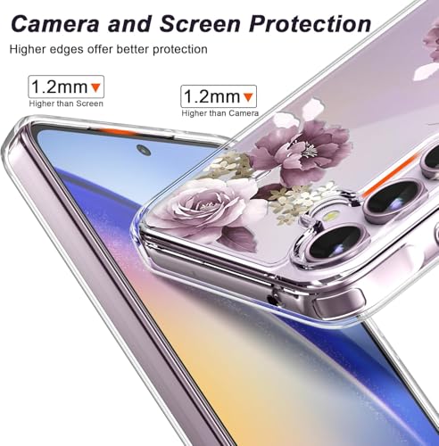 Image of VONZEE Clear Transparent Flower Case Compatible with Samsung Galaxy A55 5G, Shockproof Floral Design PC+TPU Back Cover, Camera Protection Slim Protective Phone Case for Women & Girls, Deep Purple