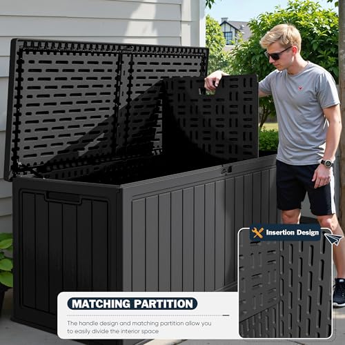 Image of Greesum 260 Gallon HDPE Outdoor Storage Box - Waterproof, Large Capacity Deck Box with Removable Dividers for Patio, Yard, Garden Tools, Black