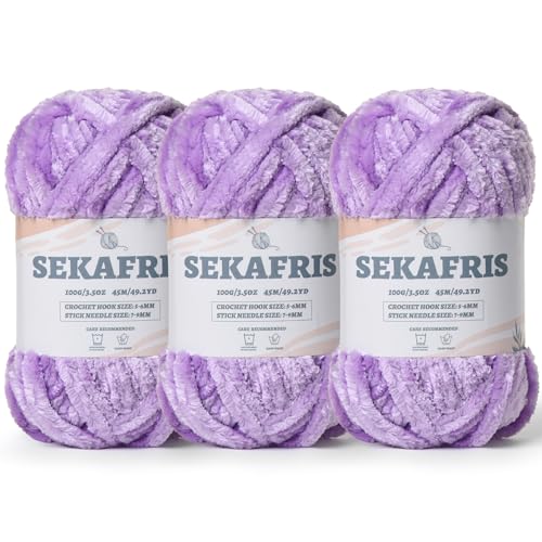 Image of Fuzzy Chunky Chenille Yarn for Crocheting,Soft Plush Yarns for Hand Knitting,Bulky 3x100g(3x49.2 yd) Baby Blanket Yarn for Crocheting Amigurumi,Crochet Fluffy Velvet Yarns (Light Purple)